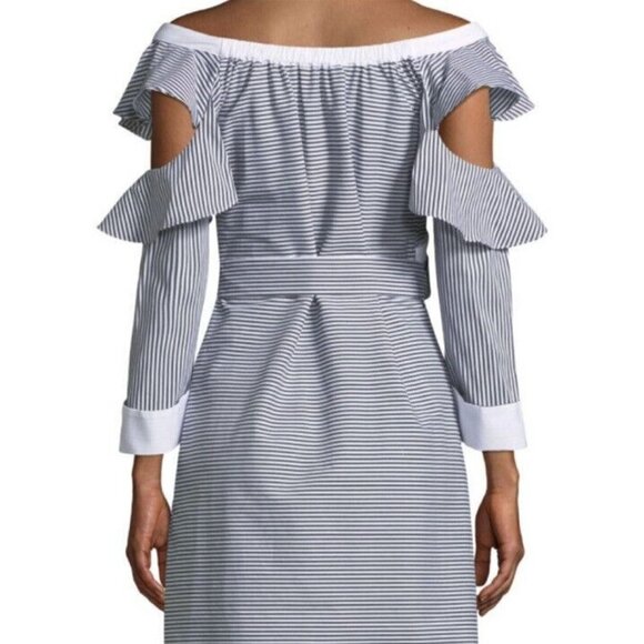 LAUNDRY BY SHELLI SEGAL Striped Cold-Shoulder Waist Tie Ruffled Dress Size 0 - Picture 4 of 9